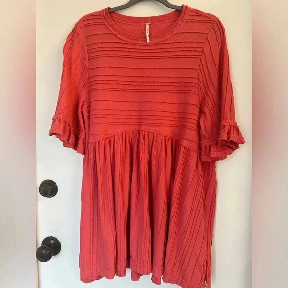 Free People Take A Spin Coral Babydoll Mini Dress Tunic oversized XS - Picture 2 of 7